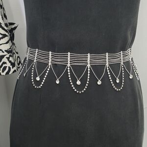 Silver rhinestone Waist Chain Belt with Dangling Crystal Pendants